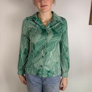 VINTAGE 70S PARADE GREEN FERN LEAF BLOUSE MEDIUM